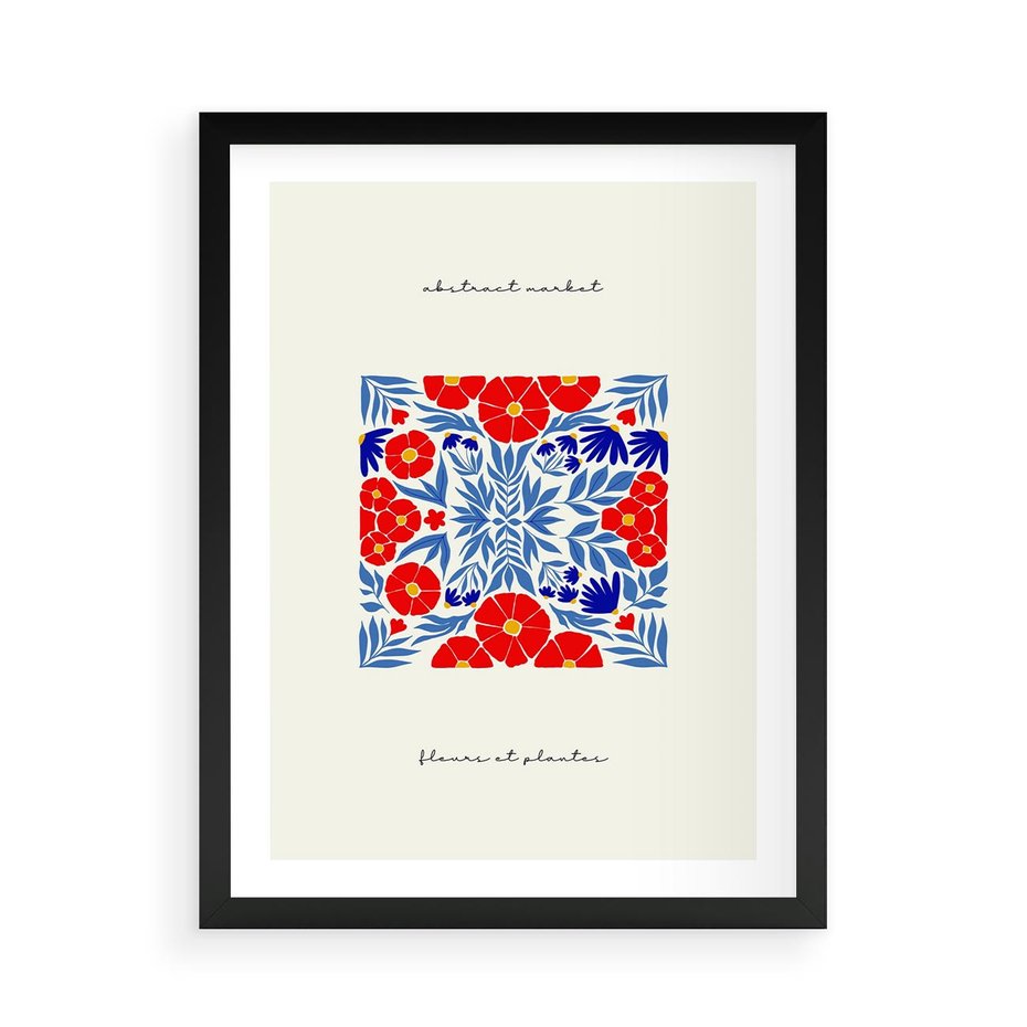 Plakat w ramie 50x70 - Tajemnicza Droga - nowoczesna kwiatowa kompozycja, czerwony i niebieski - rama czarna