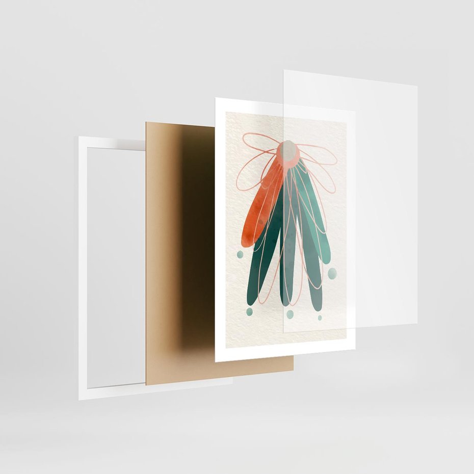 Plakat w ramie 50x70 - Energetyczna Harmonia Kwiatów - akwarelowe abstrakcyjne kształty, zieleń i pomarańcz - rama biała