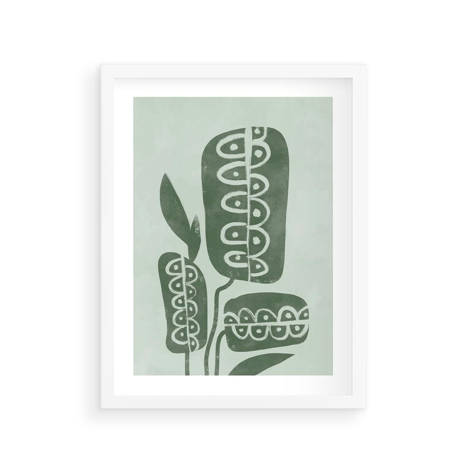 Plakat w ramie 30x40 - Nurtująca Zieleń - abstrakcyjny zielony motyw, skandynawski design - rama biała