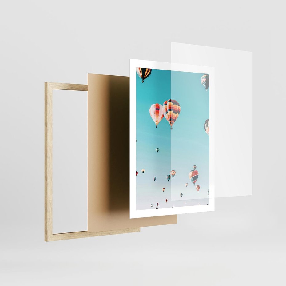Plakat w ramie 50x70 - Balonowa Ekscytacja - balony latają w powietrzu, wyścigi balonów - rama drewno