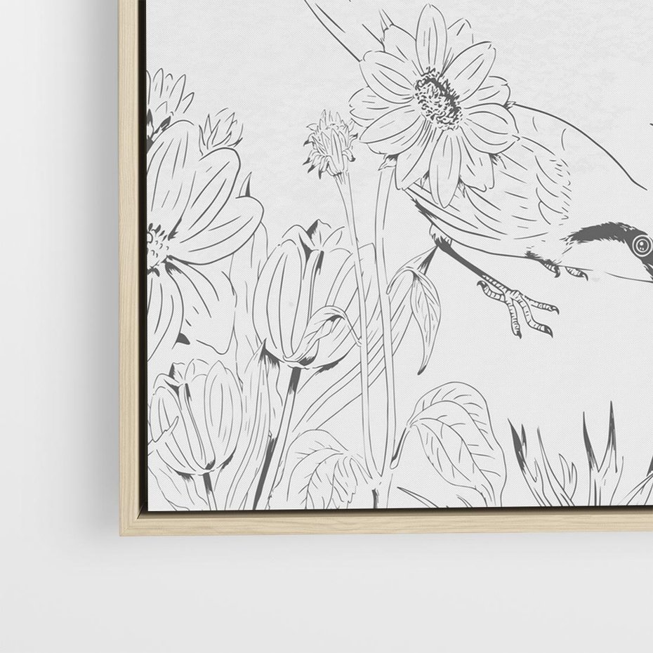 Obraz w ramie 80x80 - Tropiki w Monochromie - czarno biały szkic, tropikalne ptaki - rama drewno