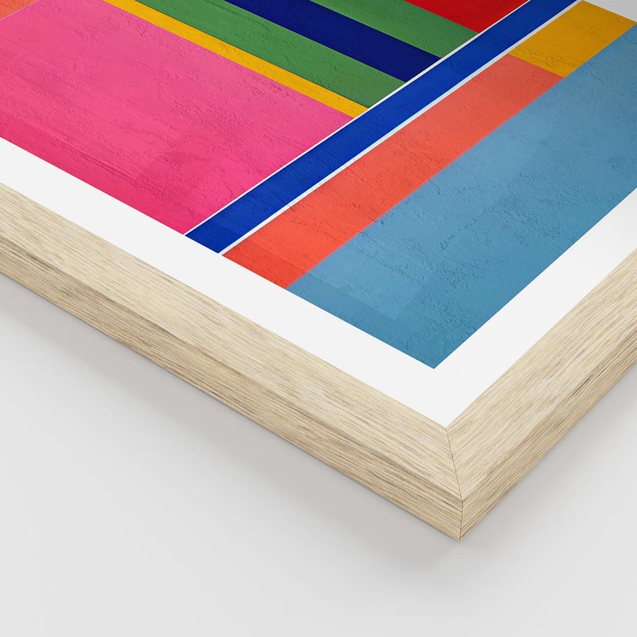 Plakat w ramie 30x40 - Wnętrza Rozplątanych Barw - abstrakcyjny geometryczny obraz olejny, kolorowe pasy - rama drewno