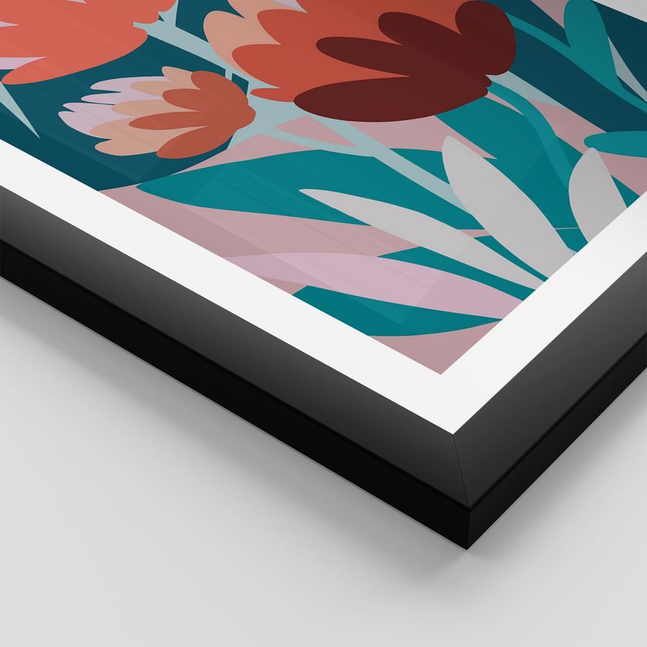 Plakat w ramie 40x50 - Symfonia Kwiatów - abstrakcyjna kompozycja kwiatowych form, kolor zgaszone - rama czarna