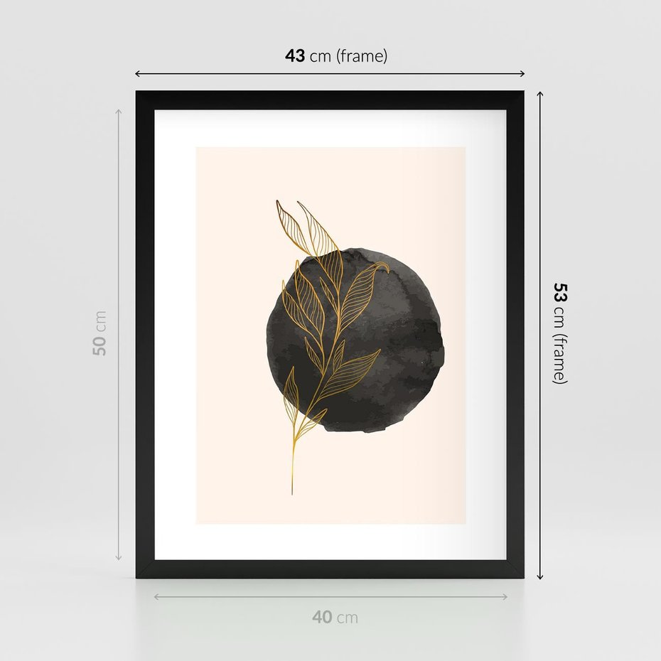 Plakat w ramie 40x50 - Złota Gałązka na Tle Akwarelowej Ciemności - złota gałązka, czarna plama akwarelowa w tle - rama czarna