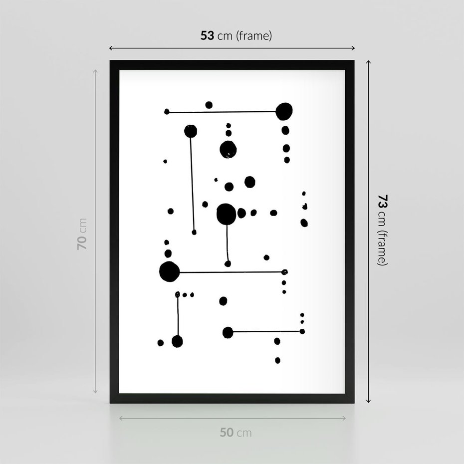 Plakat w ramie 50x70 - Nocne Zawirowania - abstrakcyjny plakat, czarne kropki i kreski - rama czarna