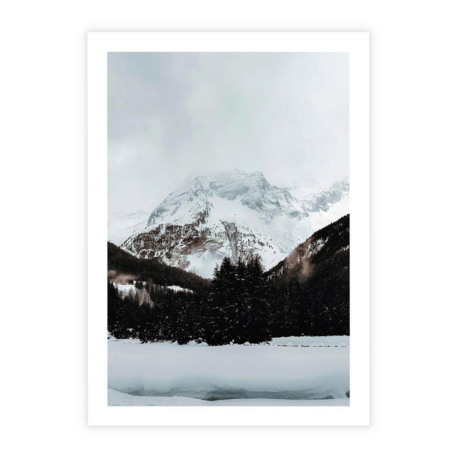 Plakat bez ramy 21x30 - W Cieniu Śnieżnych Szczytów - górski krajobraz, zima