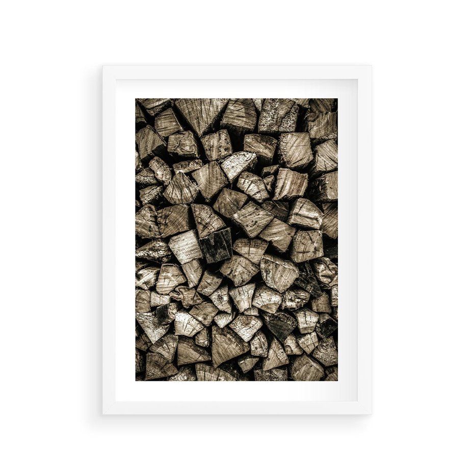 Plakat w ramie 30x40 - Piękno Drewna - belki drewna, drewno - rama biała
