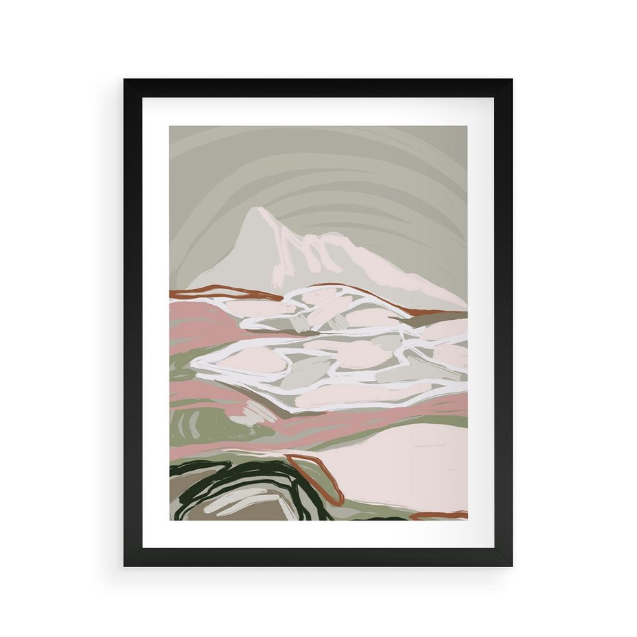 Plakat w ramie 40x50 - Szarawe Wzgórza - pastelowy krajobraz, nowoczesny plakat - rama czarna