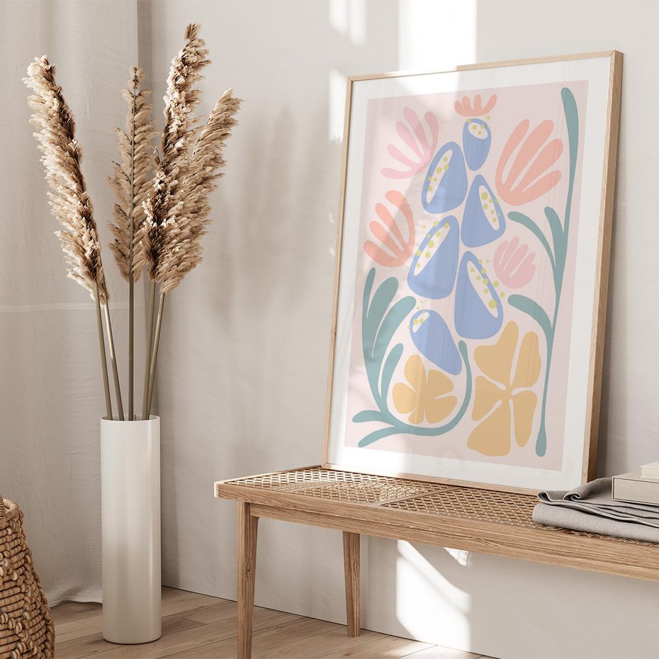 Plakat w ramie 30x40 - Minimalistycznie i Pastelowo - pastelowe kwiaty, na beżowym tle - rama drewno