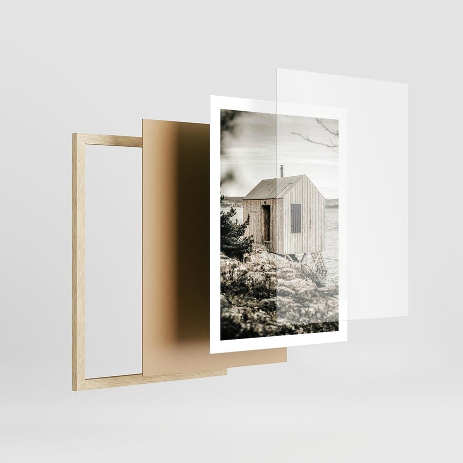 Plakat w ramie 50x70 - Nostalgiczna Oaza - rustykalny domek, domek nad jeziorem - rama drewno