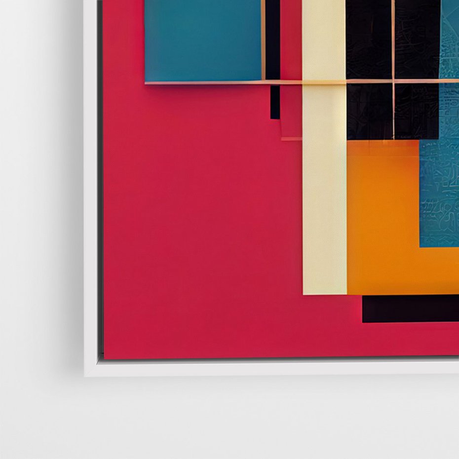 Obraz w ramie 50x70 - Przejście przez labirynt myśli - kolorowa abstrakcja, instalacja z prostokątów i lini - rama biała