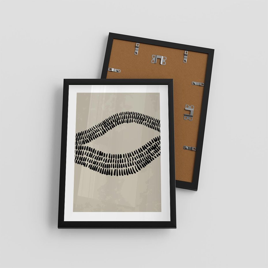 Plakat w ramie 30x40 - Kontury Ewolucji Materii - boho plakat, czarne kropki kreski - rama czarna