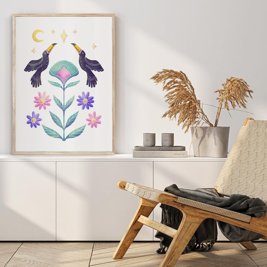 Plakat w ramie 30x40 - Przenikająca Dżungla - boho plakat, tukany - rama drewno