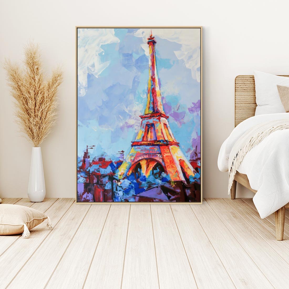 Obraz w ramie 50x70 - Paryska Wieża - olejny abstrakcyjny obraz, wieża eiffla - rama drewno