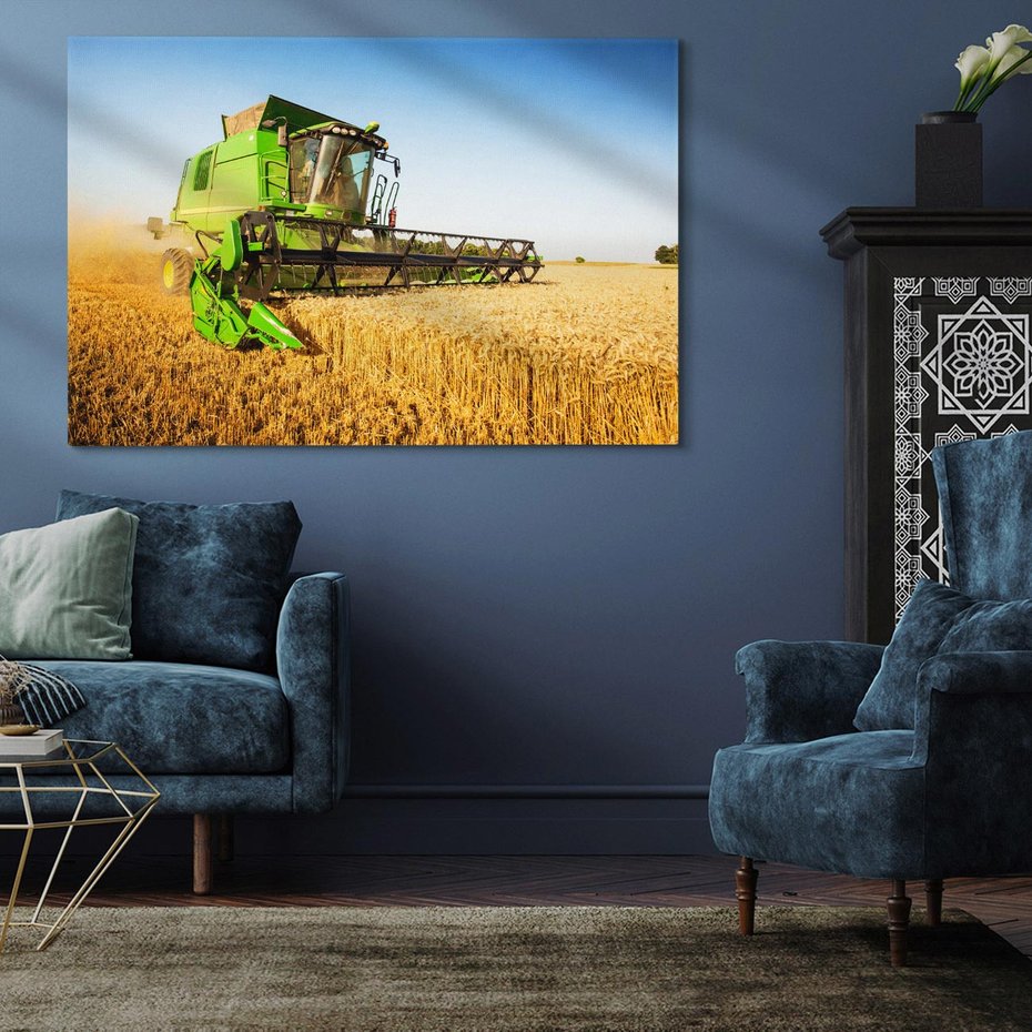 Obraz na płótnie 100x70 - Złociste żniwa na kombajnie - kombajn, zboże