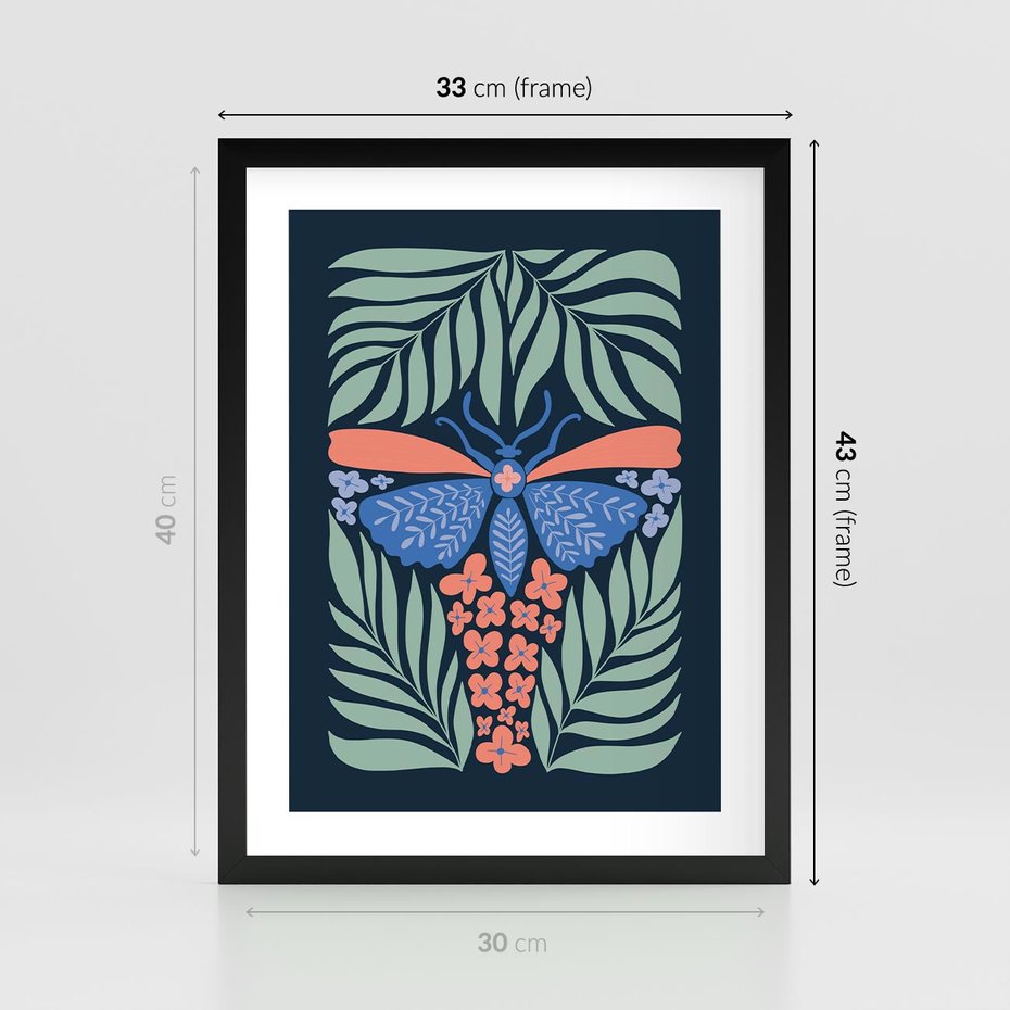 Plakat w ramie 30x40 - Granatowa Noc - granatowe tło, abstrajcyjna ćma - rama czarna