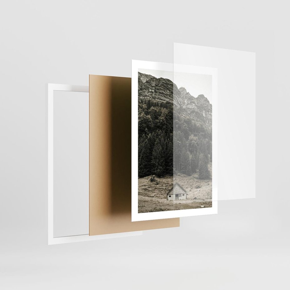 Plakat w ramie 50x70 - Dom w Odcieniach Natury - domek w górach, góry - rama biała