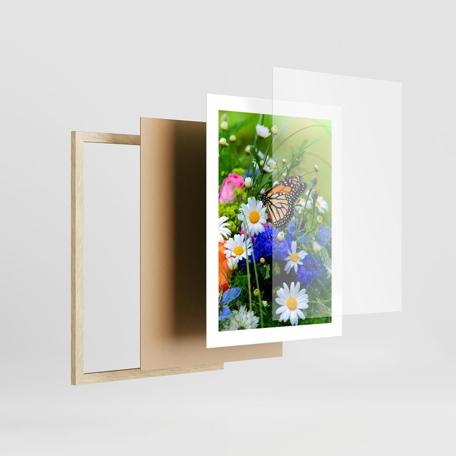 Plakat w ramie 30x40 - Kwiatowy Taniec - motyl, kwiaty - rama drewno