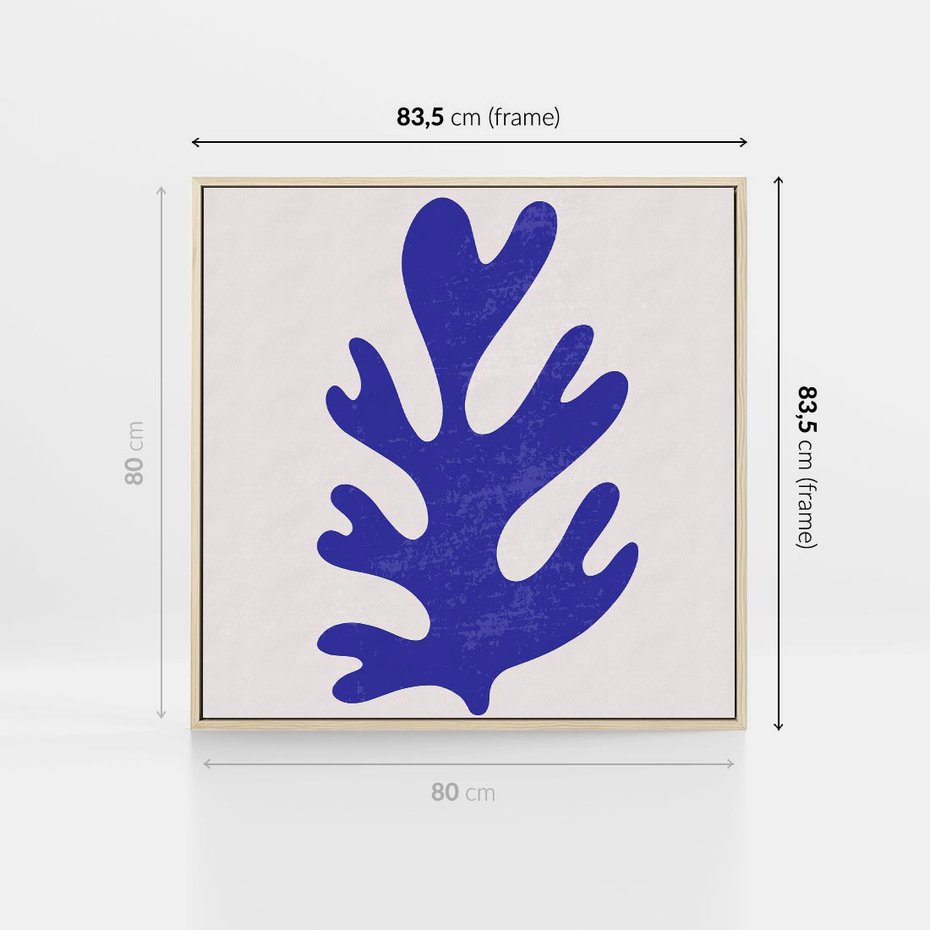 Obraz w ramie 80x80 - Przenikająca Struktura - boho plakat, niebieski liść w intensywnym kolorze - rama drewno