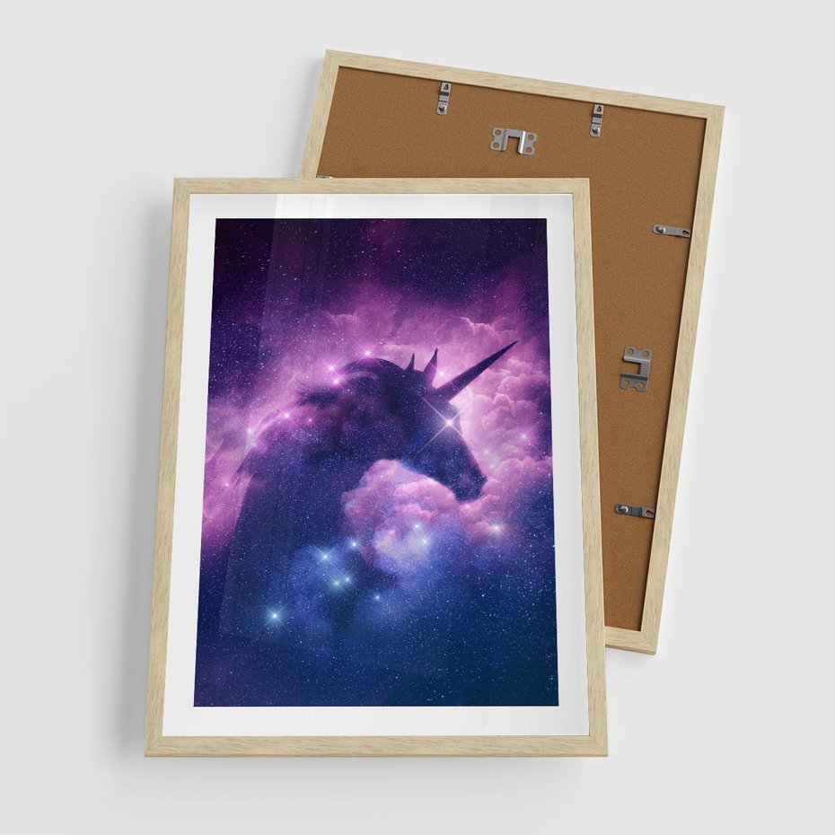 Plakat w ramie 50x70 - Mityczna podróż - kosmos, jednorożec - rama drewno