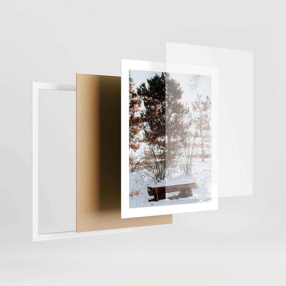 Plakat w ramie 40x50 - Ławka Pod Śniegiem - zimowy pejzaż, ławka pod śniegiem - rama biała