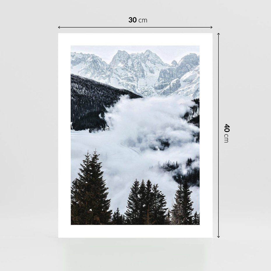 Plakat bez ramy 30x40 - Zimowa Magia Gór: Śnieżne Szczyty - grajobraz górski, zima