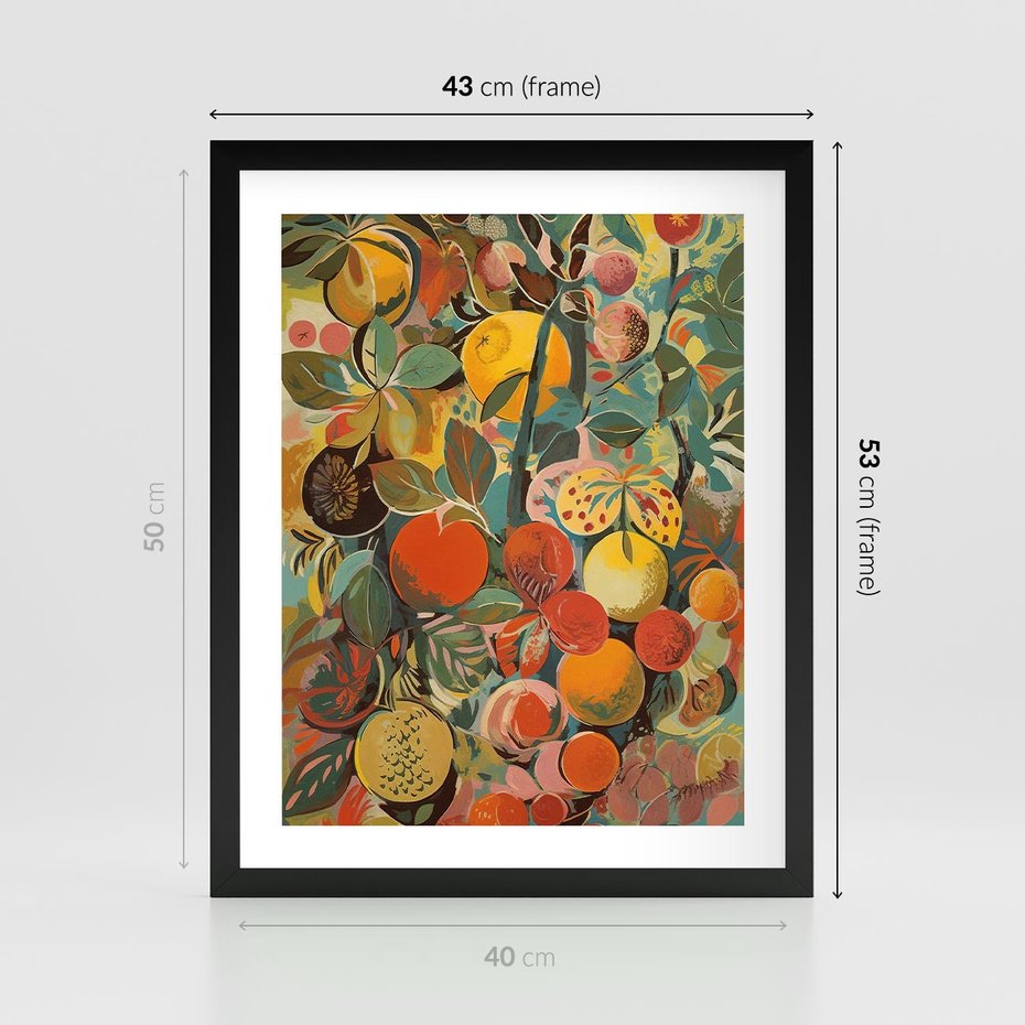 Plakat w ramie 40x50 - Księga Surrealnych Wyobrażeń - abstrakcyjny obraz owoców, jak picasso - rama czarna