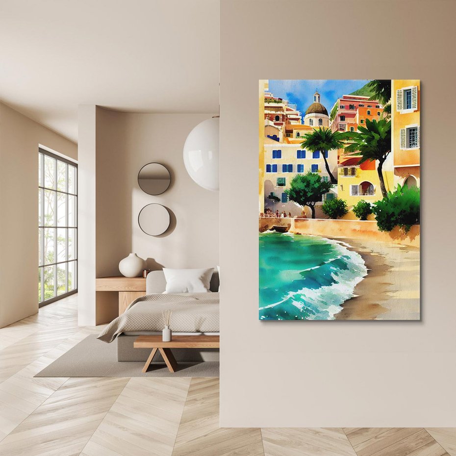 Obraz na płótnie 70x100 - Zamieszkajmy Tu - akwarela, śródziemnomorski klimat