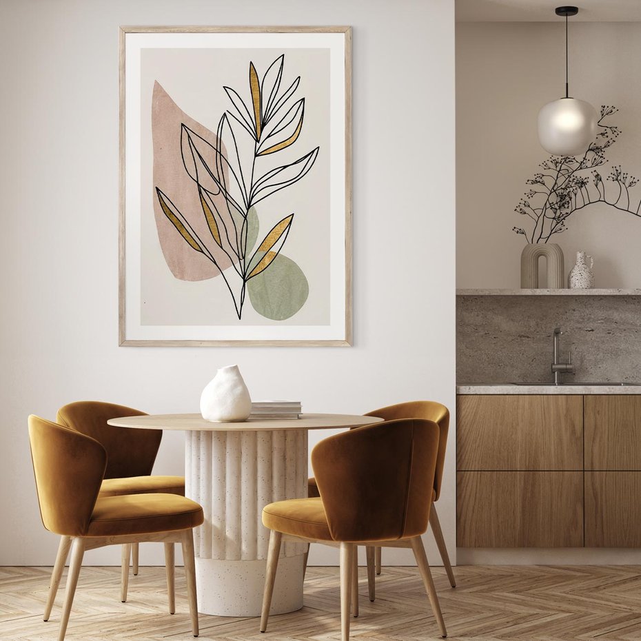 Plakat w ramie 40x50 - Impulsy Subtelnej Harmonii - abstrakcyjny obraz boho, liście - rama drewno