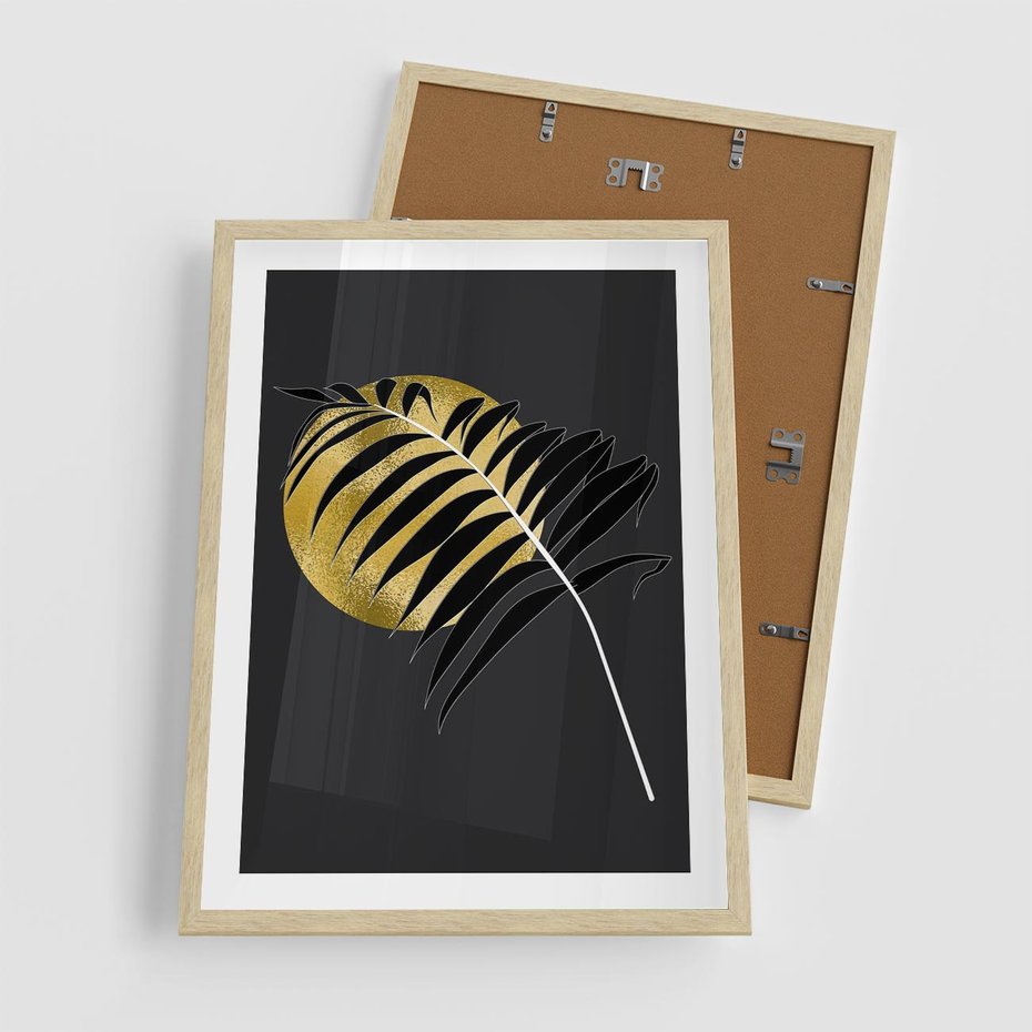 Plakat w ramie 50x70 - Egzotyczna Elegancja - palma, na czarnym tle - rama drewno