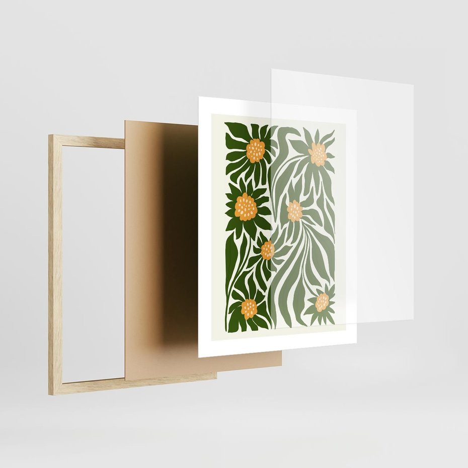 Plakat w ramie 40x50 - Spojrzenie wgłąb roślinnego świata - abstrakcyjne kwiaty, kompozycja - rama drewno