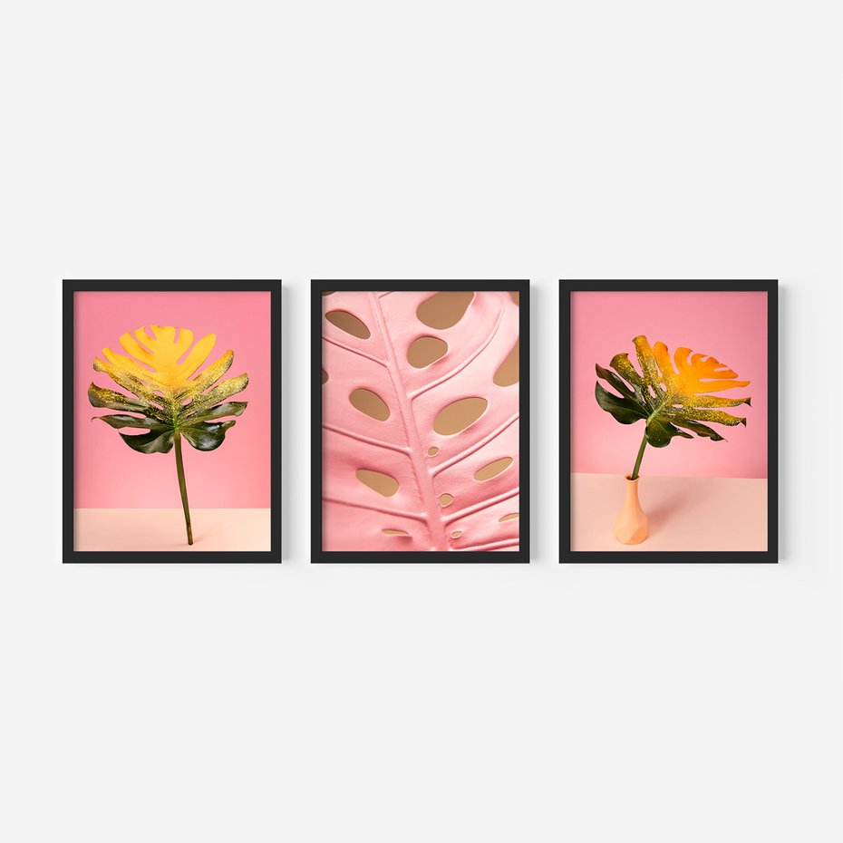 Zestaw obrazy w ramie 50x70 galeria - Monstera, liście, retro, pastele - rama czarna