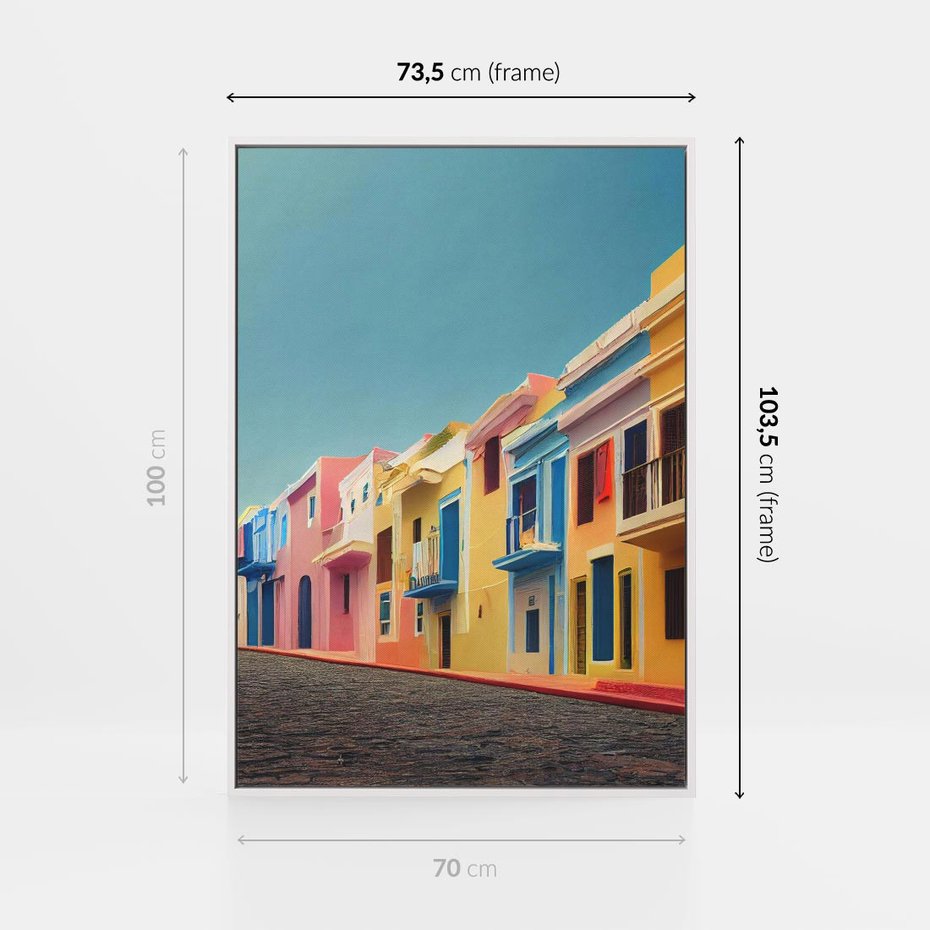 Obraz w ramie 70x100 - Ekspresja marzeń i tęsknot - pastelowe kolorowe budynki, wzdłuż ulicy - rama biała