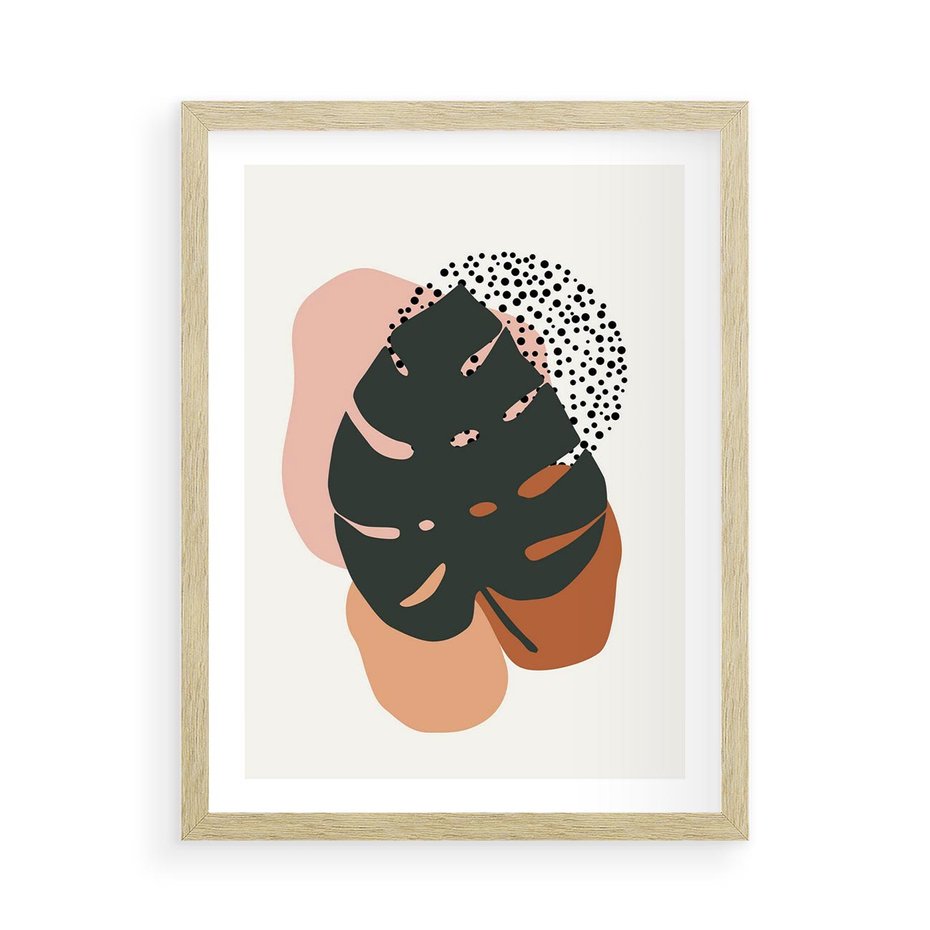 Plakat w ramie 50x70 - Minimalizm w Liściach Monstery: Plamy i Kropki - minimalizm, monstera plamy - rama drewno