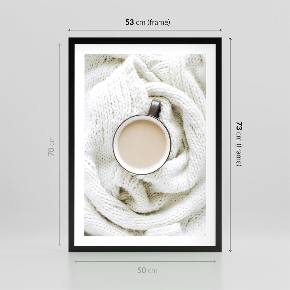 Plakat w ramie 50x70 - Kawa na Wełnianym Kocu - kawa, biały wełniany koc - rama czarna