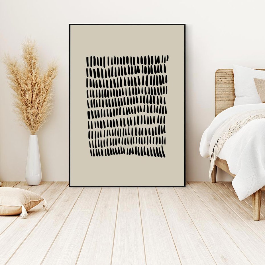 Obraz w ramie 70x100 - Energetyczne Pulsacje Nowości - boho plakat, czarne kropki kreski - rama czarna