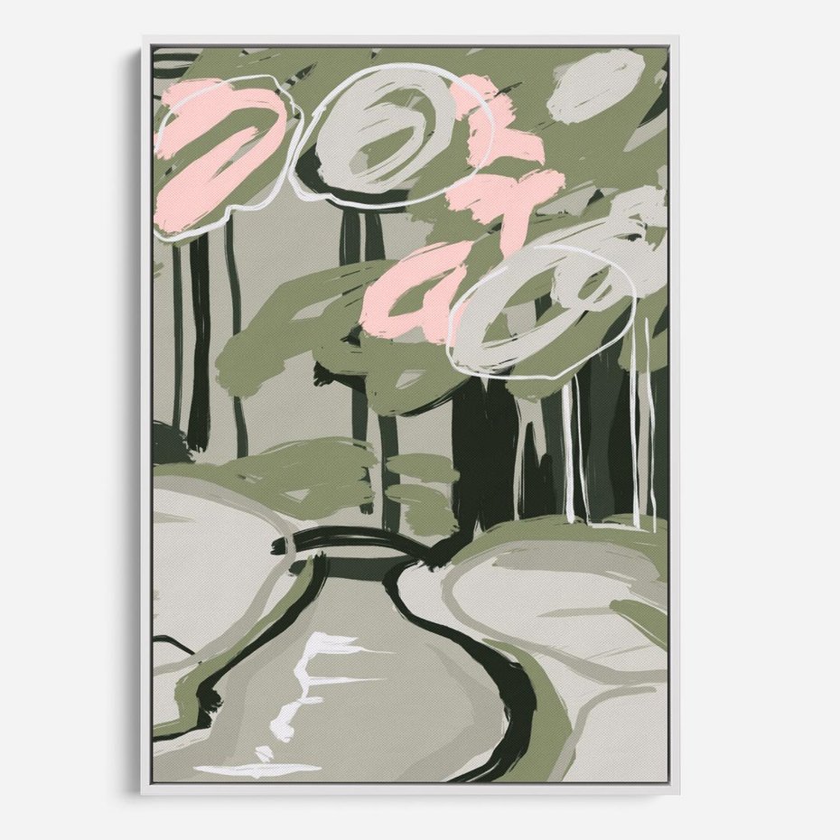 Obraz w ramie 50x70 - Leśny Zakątek - pastelowy krajobraz, nowoczesny plakat - rama biała