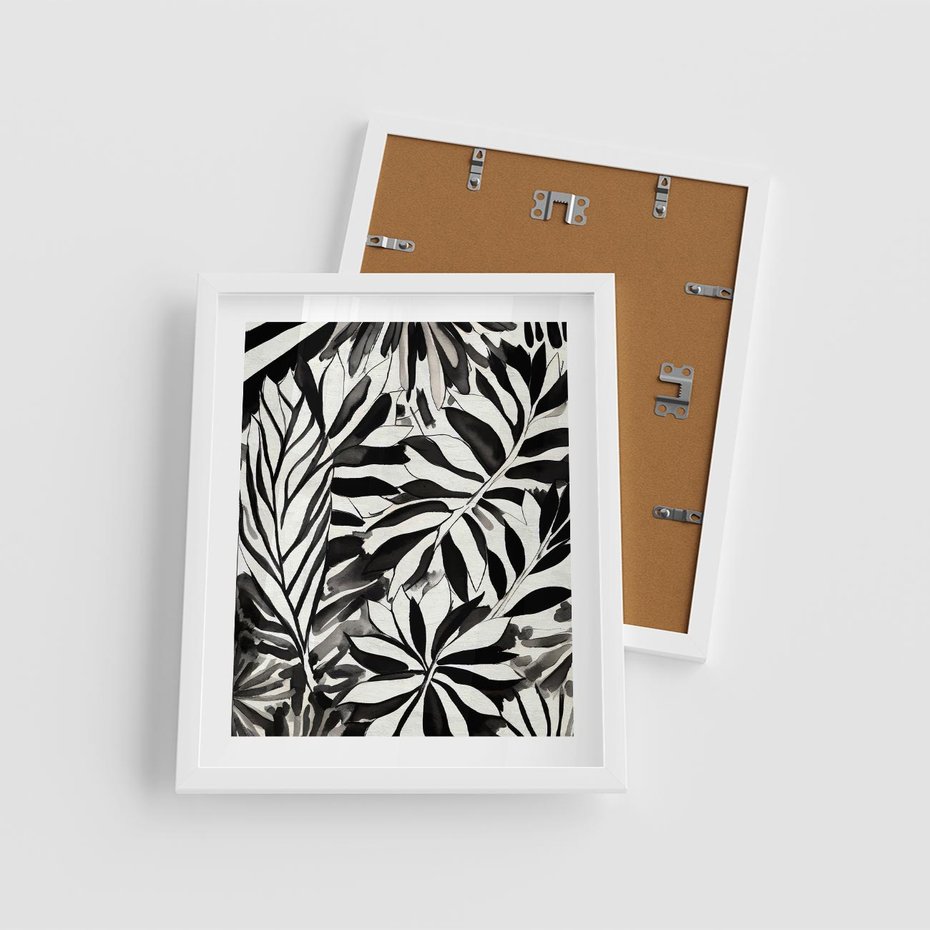 Plakat w ramie 40x50 - Czarne Liście - akwarelowy obraz, czarno biały - rama biała