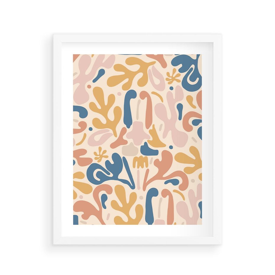 Plakat w ramie 40x50 - Symfonia Radosnych Barw - abstrakcyjne pastelowe formy, nowoczesna grafika w stylu boho - rama biała