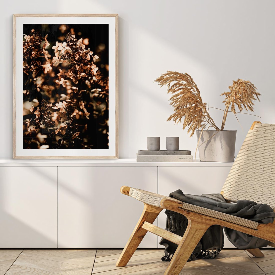 Plakat w ramie 50x70 - Sucha Kompozycja Kwiatów - suche kwiaty hortensji - rama drewno