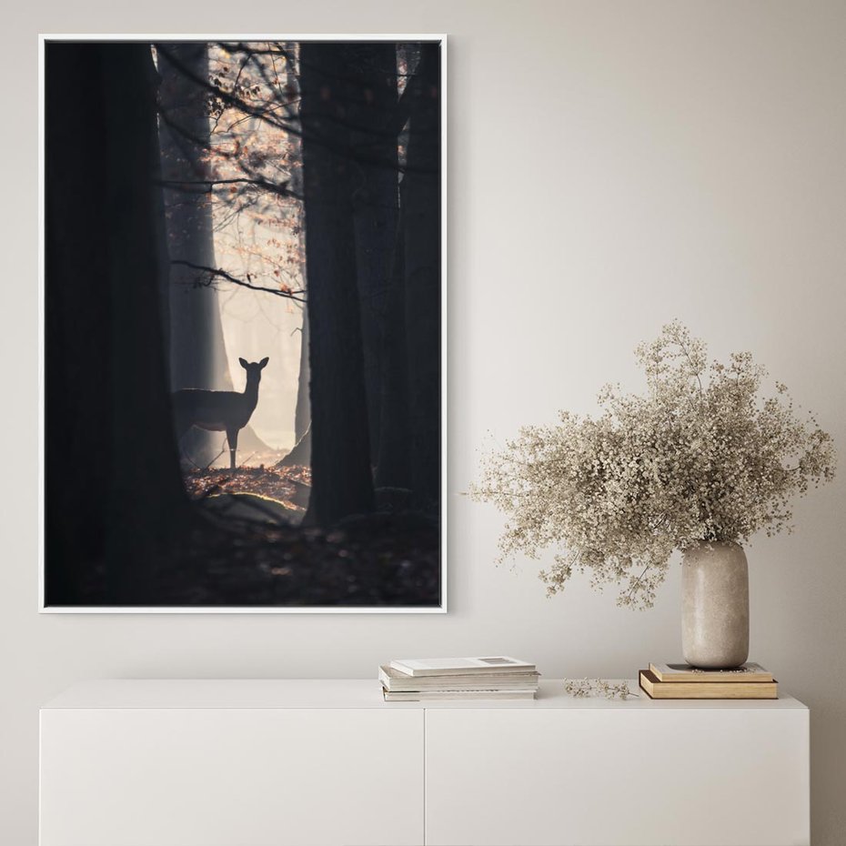 Obraz w ramie 50x70 - Sarnie Skoki - zdjęcie, klimatyczny las - rama biała