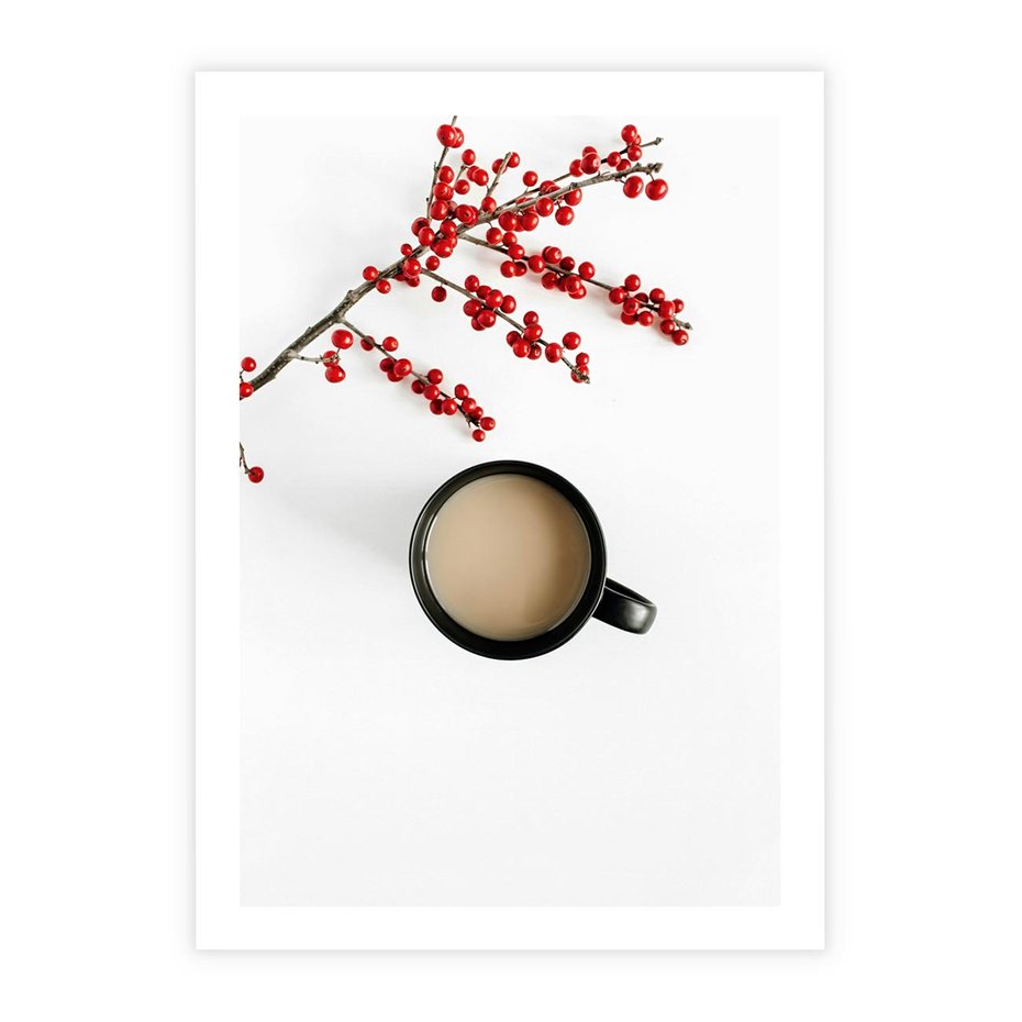 Plakat bez ramy 21x30 - Filiżanka Kawy z Gałązką Jarzębiny - kawa, gałązka jarzębiny