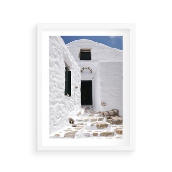 Plakat w ramie 40x50 - Santorini - Grecja błękitem malowana - Santorini, Grecja - rama biała