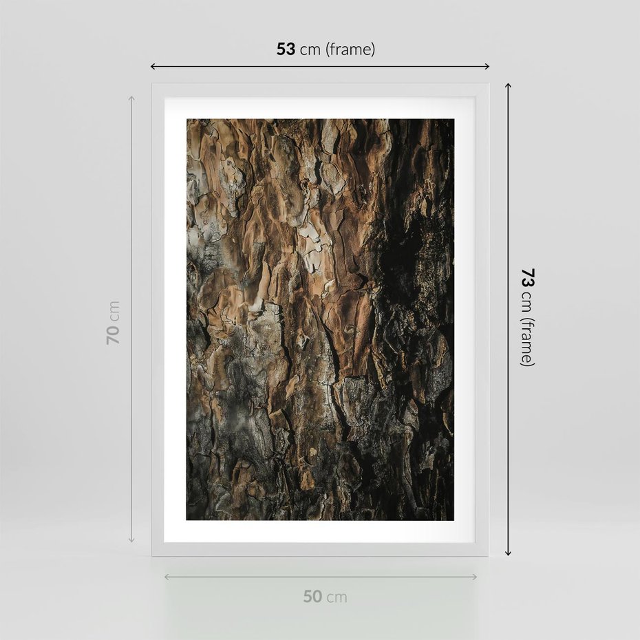 Plakat w ramie 50x70 - Tekstura Drewna: Zbliżenie - zbliżenie na pień drzewa, tekstura - rama biała