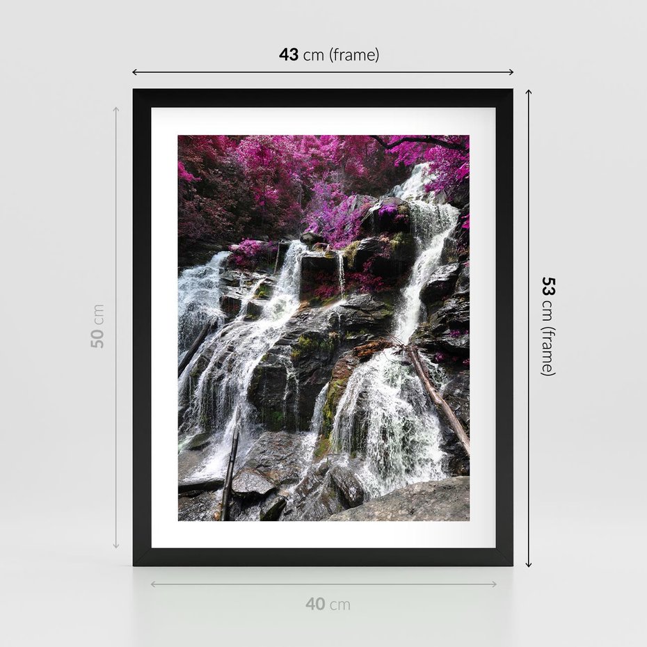 Plakat w ramie 40x50 - Wodospad wśród majestatycznych gór - wodospad, góry - rama czarna