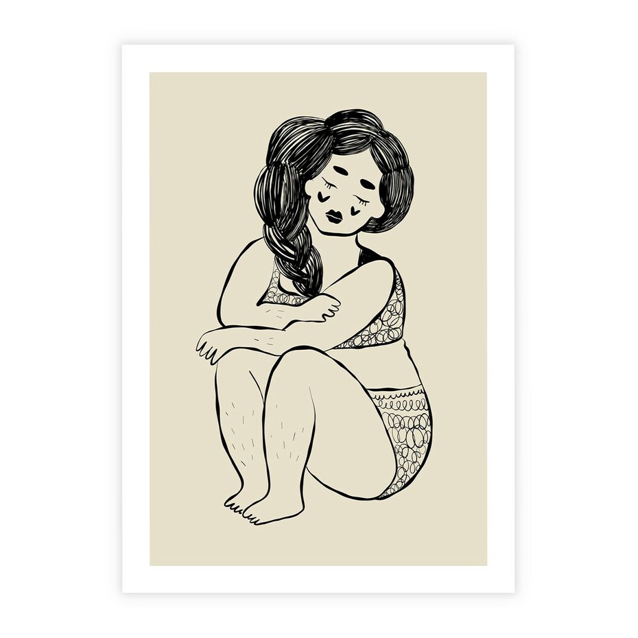 Plakat bez ramy 40x50 - Migotliwe Refleksje - nowoczesny minimalistyczny rysunek, dziewczyna w bieliźnie