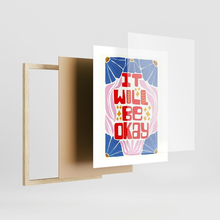 Plakat w ramie 40x50 - Kwiatowa Ekstaza - czerwona pozytywna typografia, kwiatowa kompozycja - rama drewno