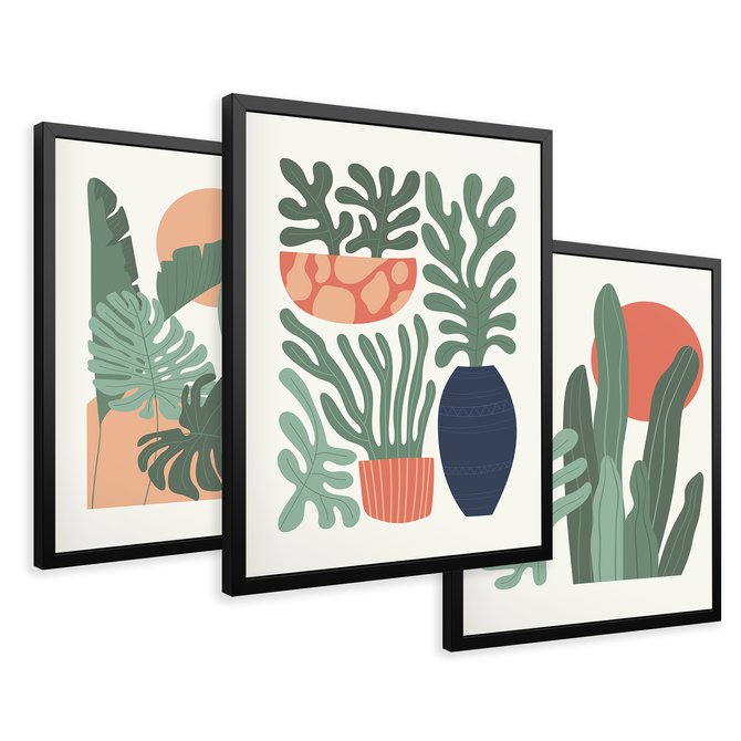 Zestaw obrazy w ramie 30x40 galeria - Liście, graficzne, boho, monstera - rama czarna