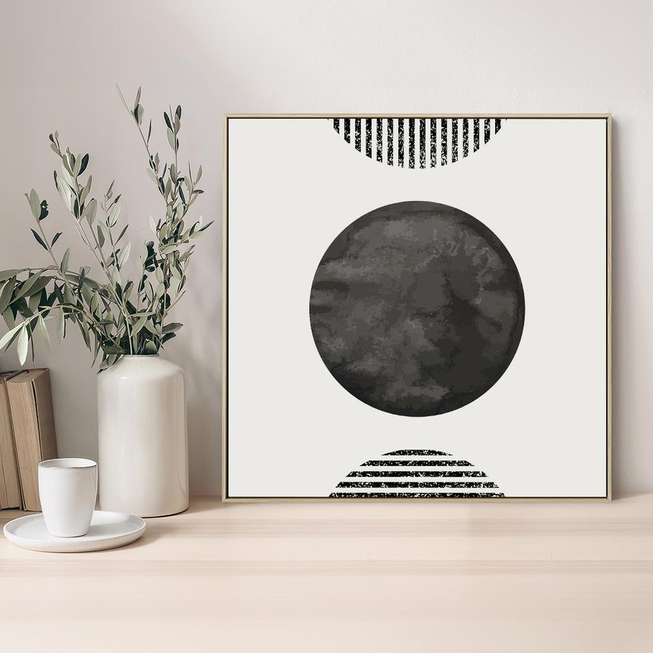 Obraz w ramie 50x50 - Tajemnicza Kompozycja - abstrakcyjne czarno białe formy, minimalizm - rama drewno