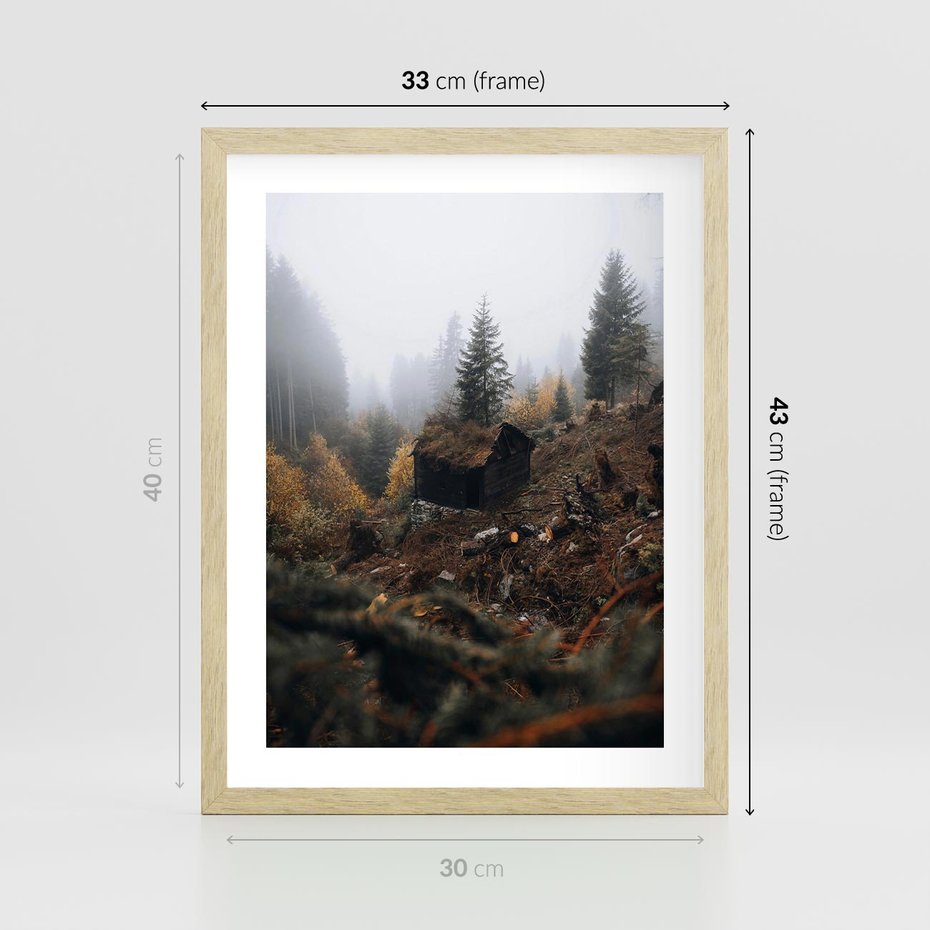 Plakat w ramie 30x40 - Górski las - stary zniszczony domek w górach, góry - rama drewno